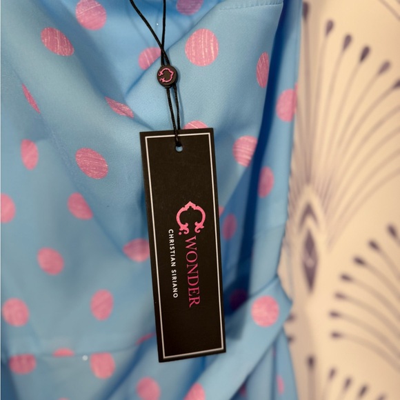 One-Shoulder Blue and Pink Long Polka Dot Dress - Picture 4 of 5